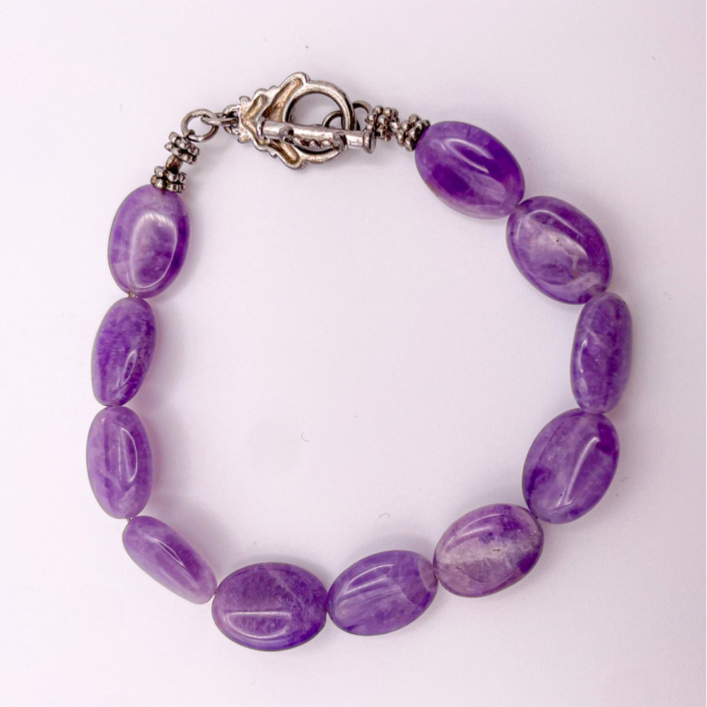 ATI Marked 925 Sterling Silver Amethyst Bead Toggle Clasp Bracelet. 7 inches.
